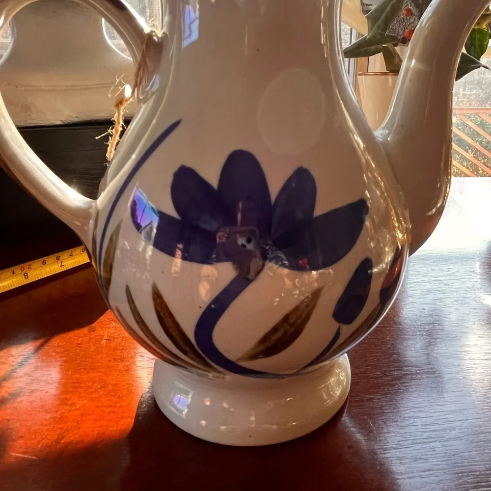 Vintage Pottery Coffee Pot Folk Art Blue Flower Tea Pot Chocolate Pot